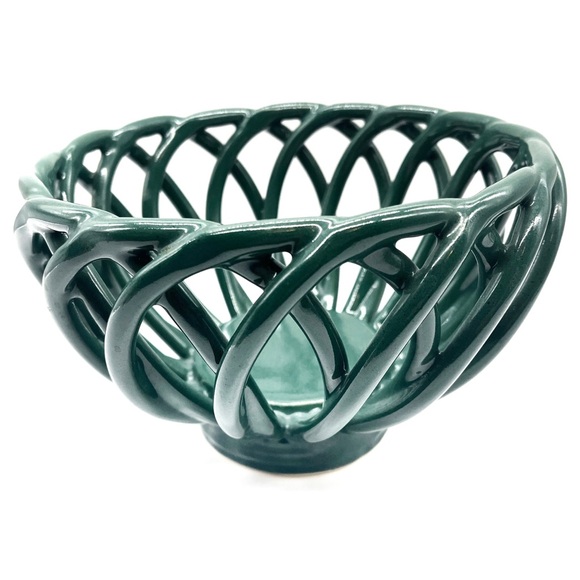 Vintage Ceramic Woven Bread Or Fruit Dark Green Basket - Picture 1 of 4